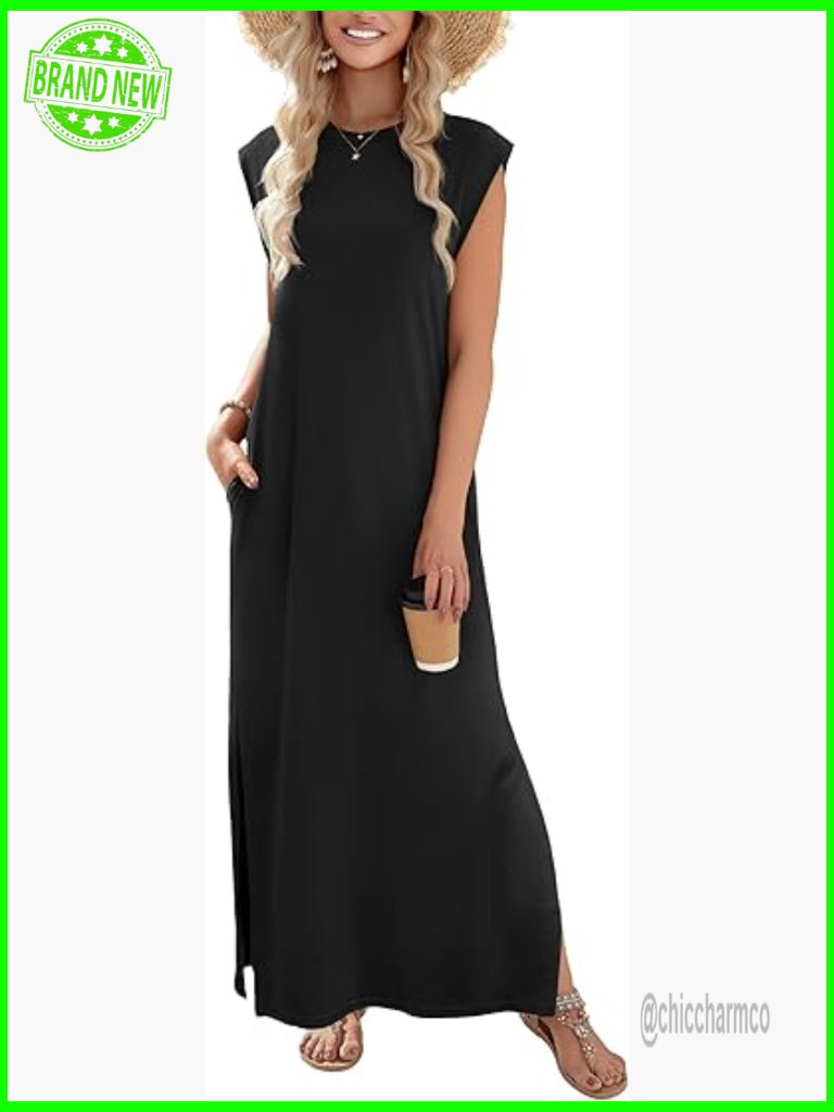 Women's Maxi Sundress Sleeveless Flowy Long With Pockets Wrinkle-Free Travel